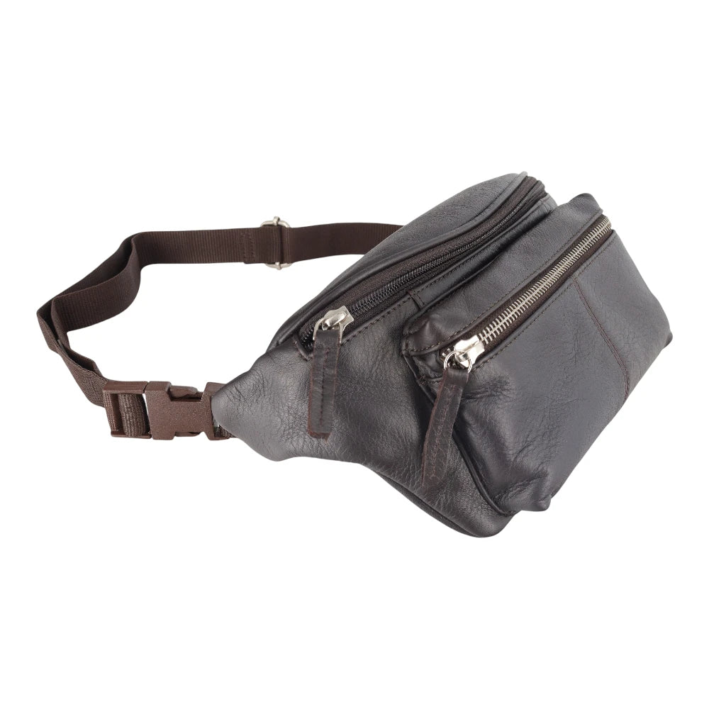 Brown leather waist bag with zippers on a white background