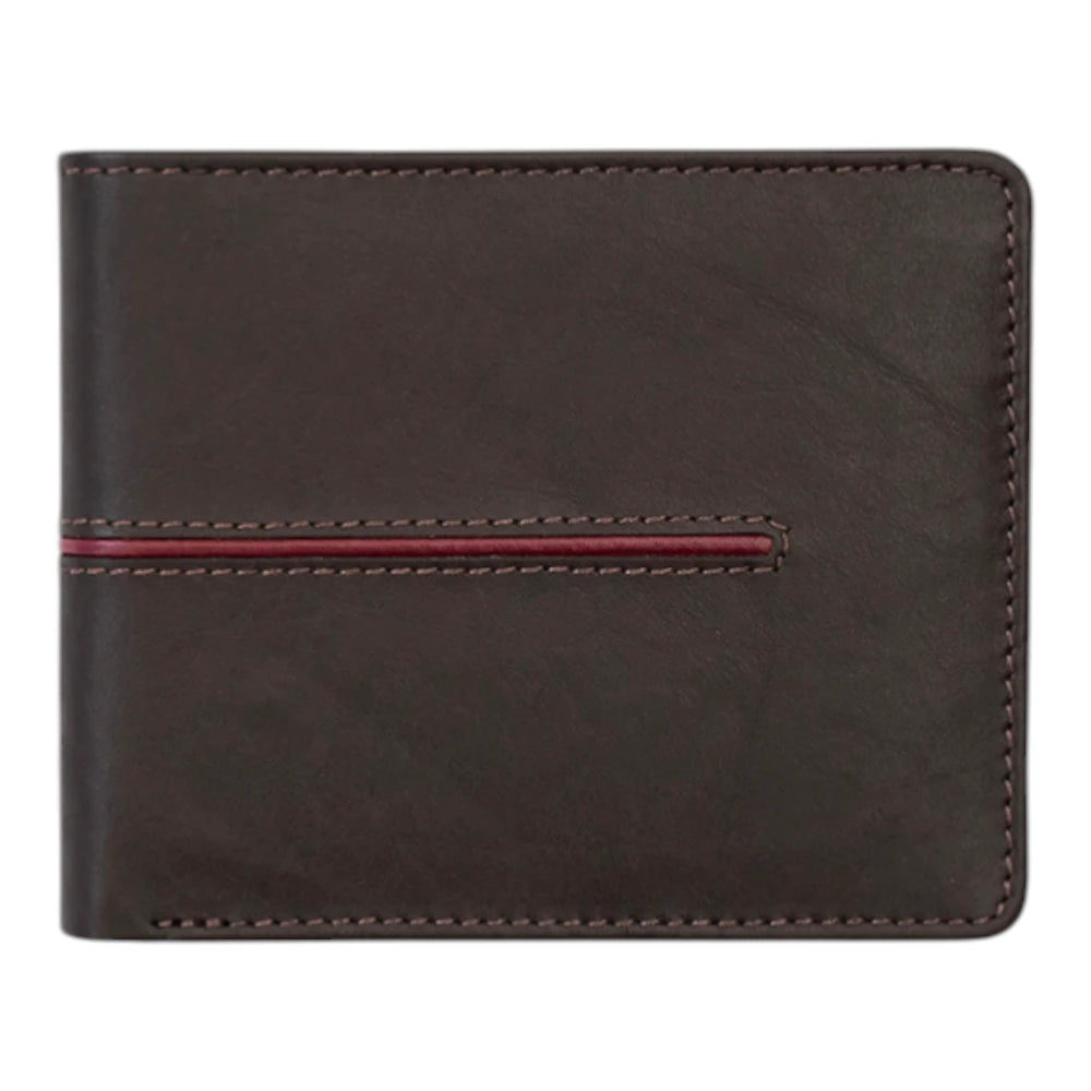 Front view of Brown leather wallet with burgundy stitching on a white background