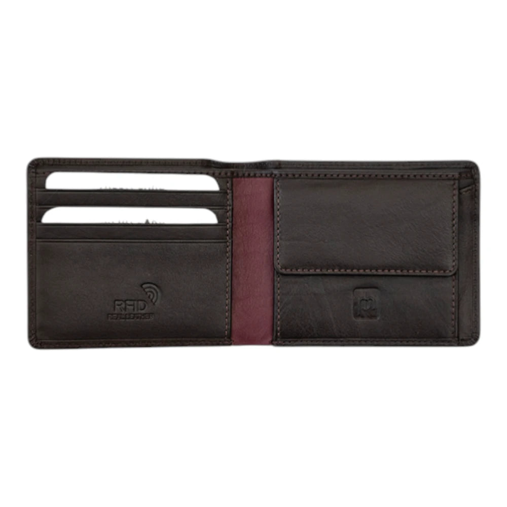 Open view of Brown wallet with burgundy stiching inside  on a white background