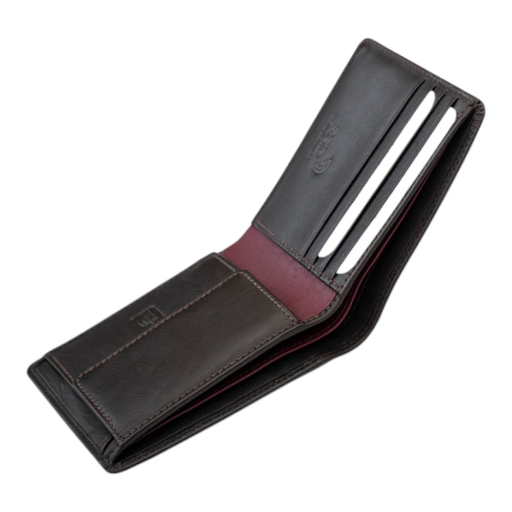 Open brown leather wallet with a visible brand logo on a white background