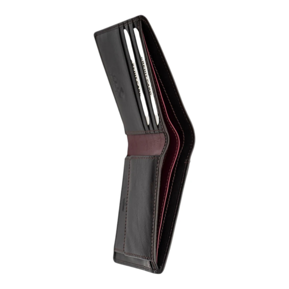 Angle view of Brown leather wallet with a burgundy interior on a white background