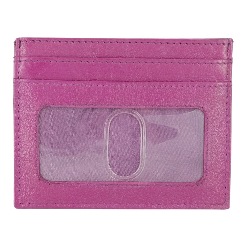 Fuchsia Leather cardholder with a clear ID window on a white background