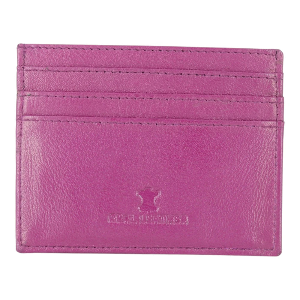 Fuchsia leather cardholder with a brand logo on a white background