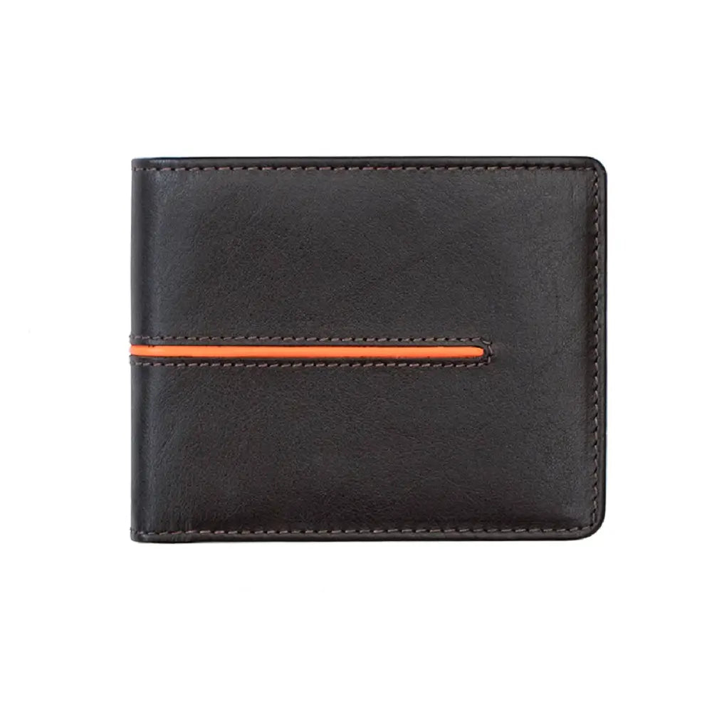 Black leather wallet with orange stitching on a white background