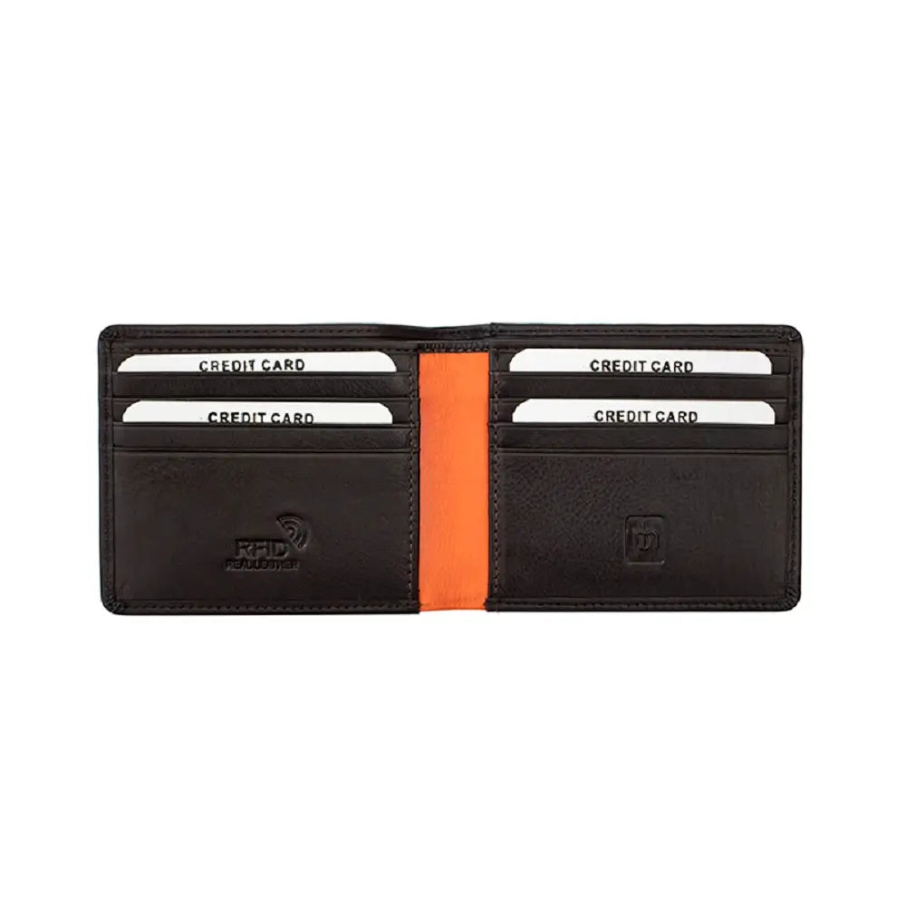 Black leather wallet with orange stitching on a white background
