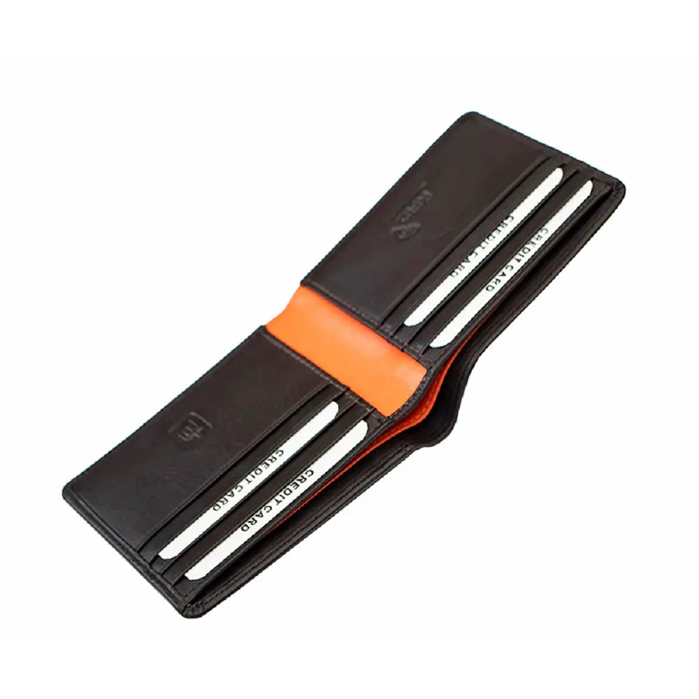 Black wallet with orange strap on a white background
