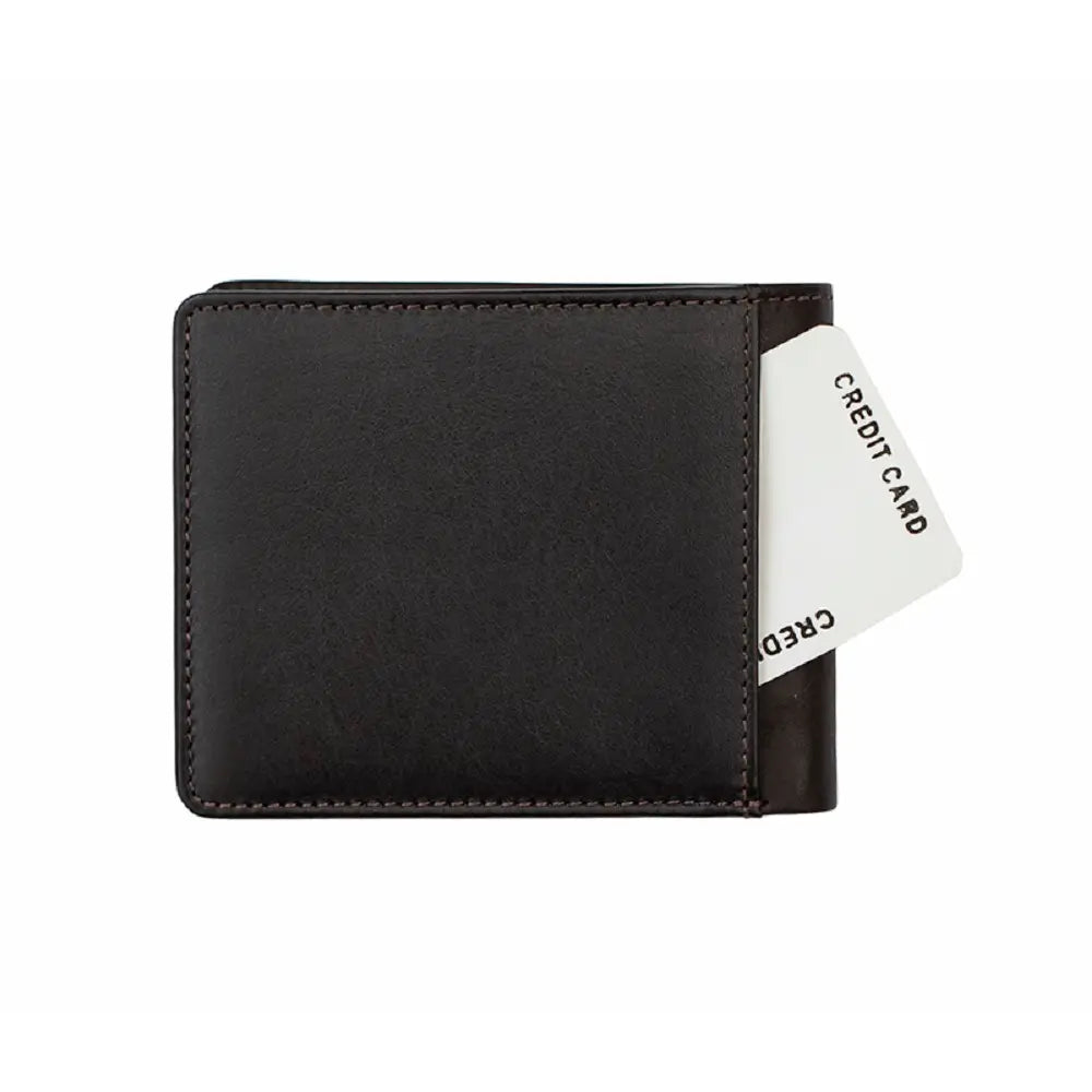 Black leather wallet with a white card inserted, on a white background