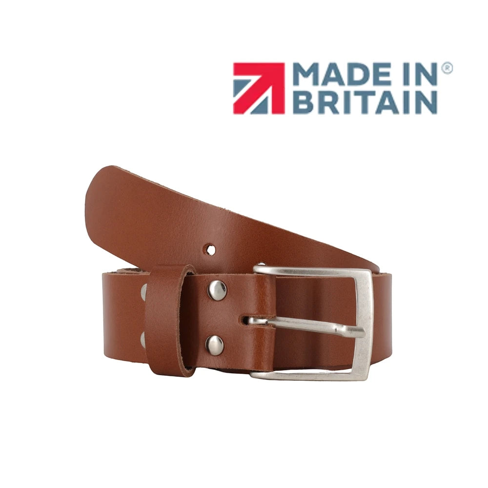 Front view of Tan leather belt with silver buckle on a white background, featuring 'Made in Britain' logo.