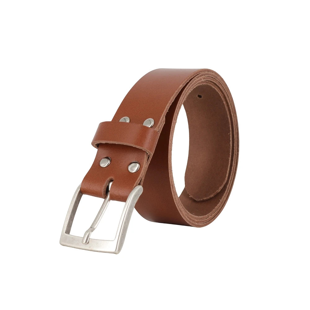 Tan leather belt with silver buckle on a white background