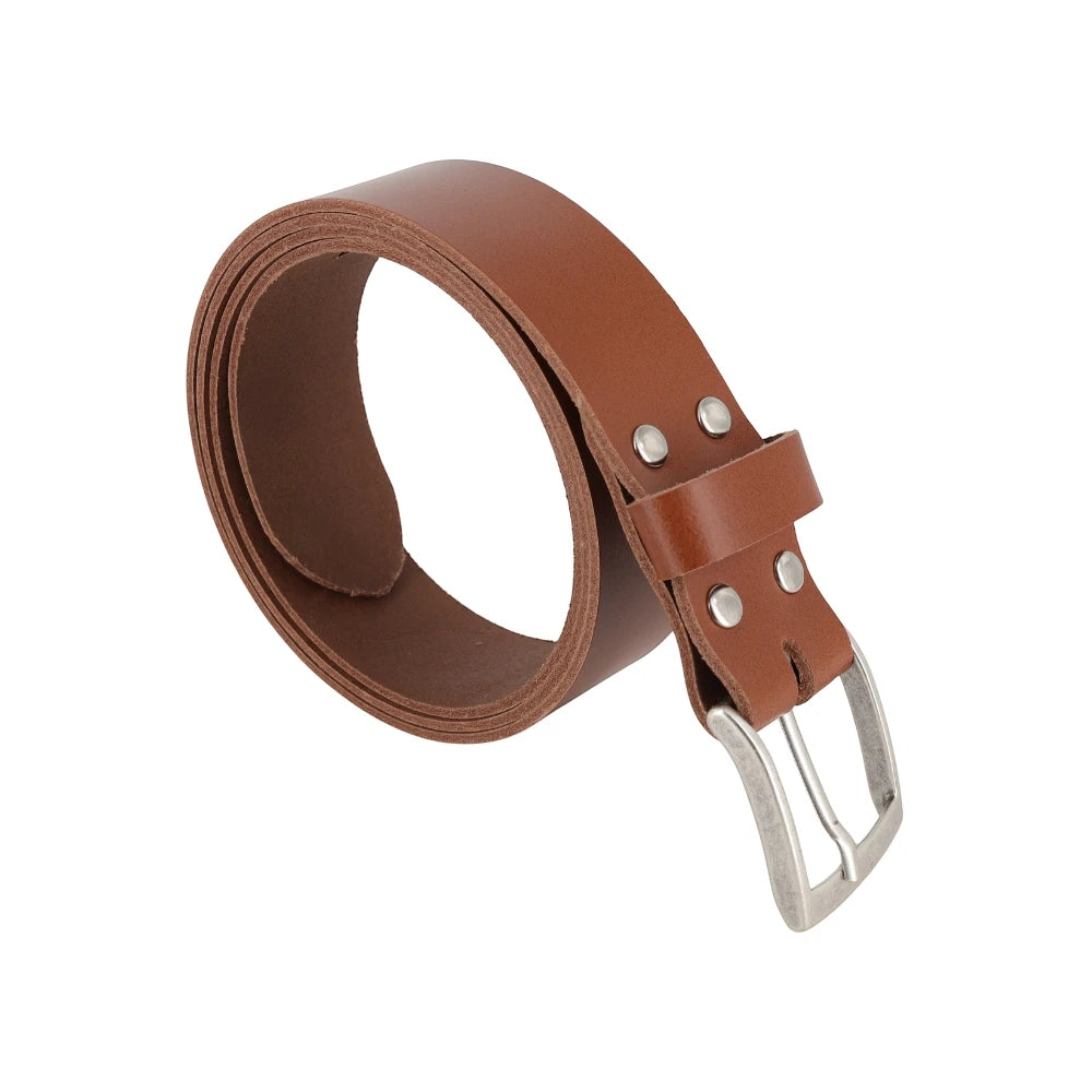 Tan leather belt with a silver buckle on a white background