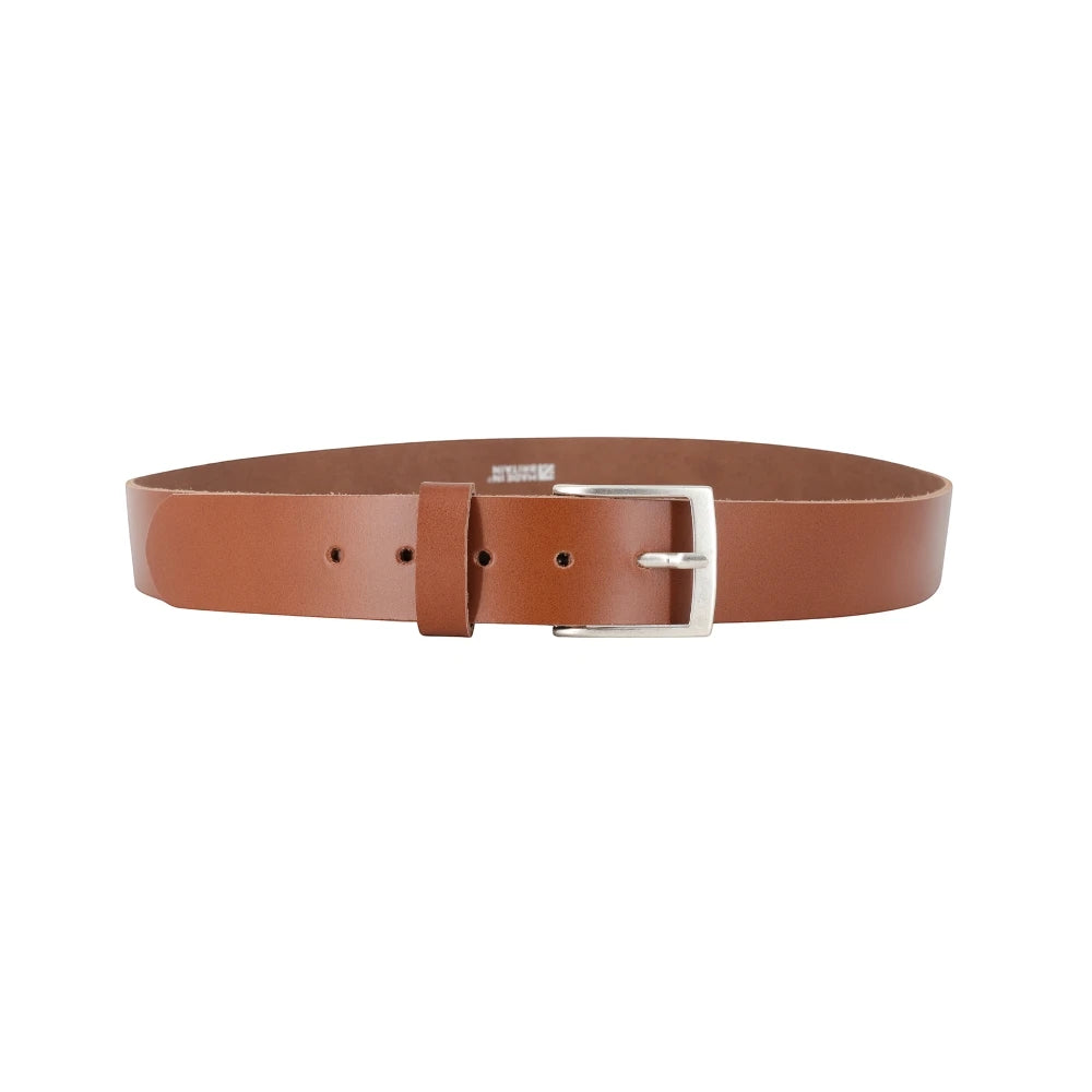 Full width view of Tan leather belt with a silver buckle on a white background