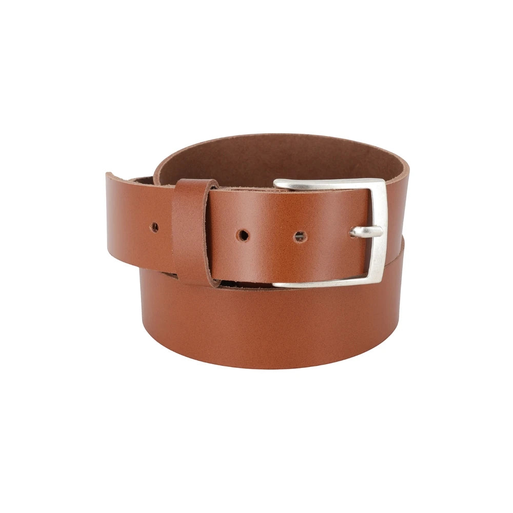 Tan leather belt with a silver buckle on a white background