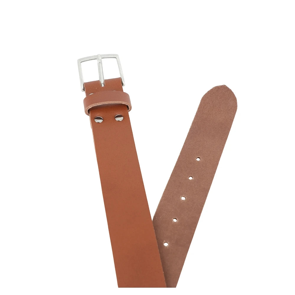 Top angle view of Tan leather belt with silver buckle on a white background