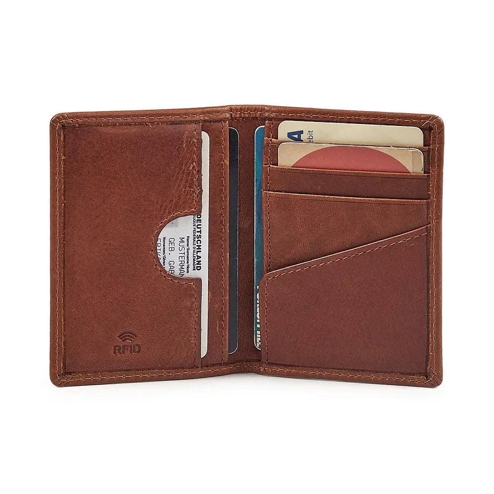 Chestnut leather card holder with card slots on a white background