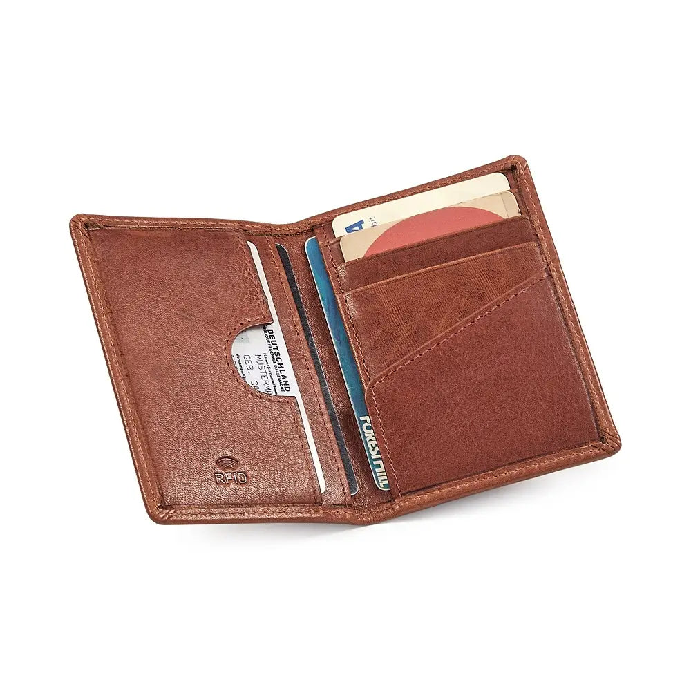 Chestnut leather card holder with card slots on a white background