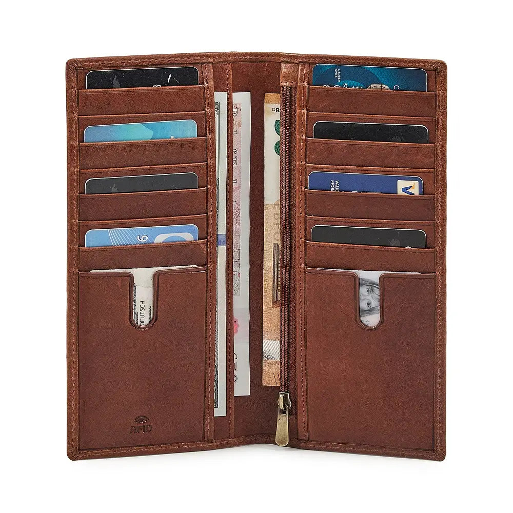 Chestnut leather wallet with multiple card slots and a zipper pocket on a white background
