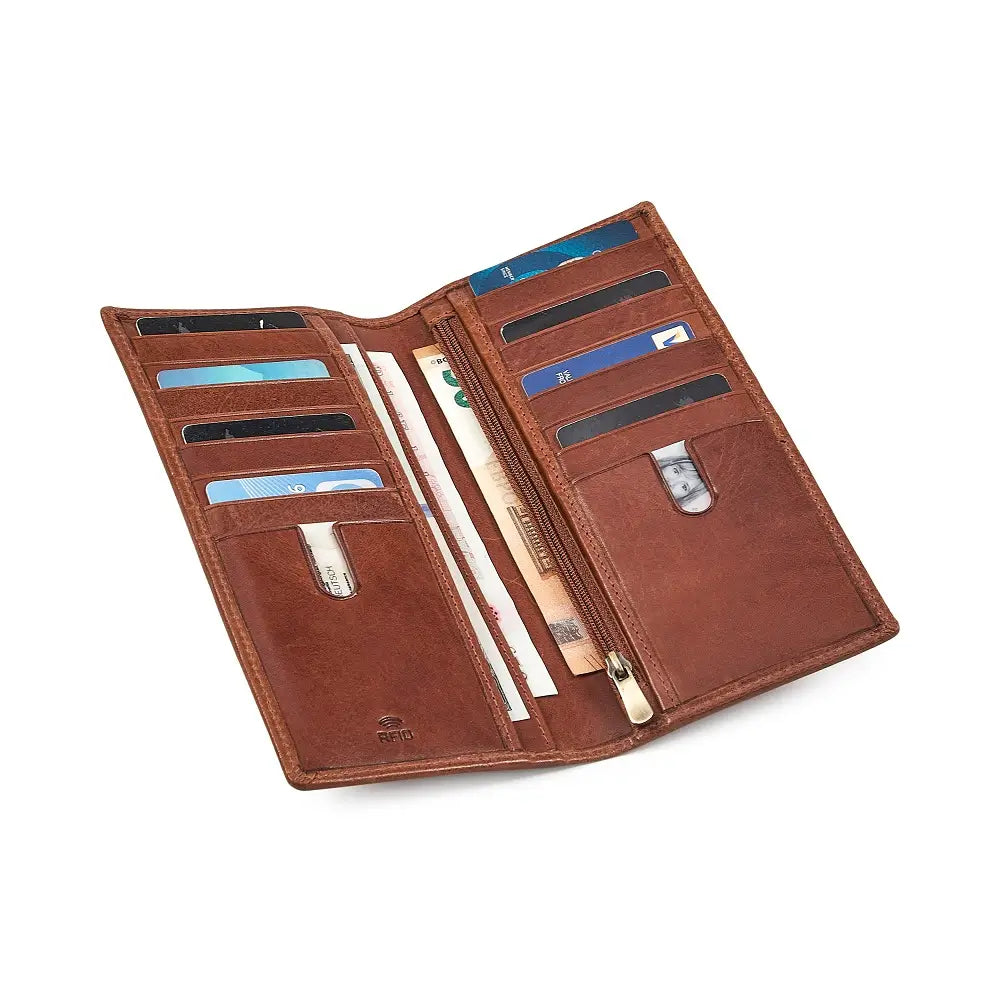Chestnut leather wallet with multiple card slots and a pen holder on a white background