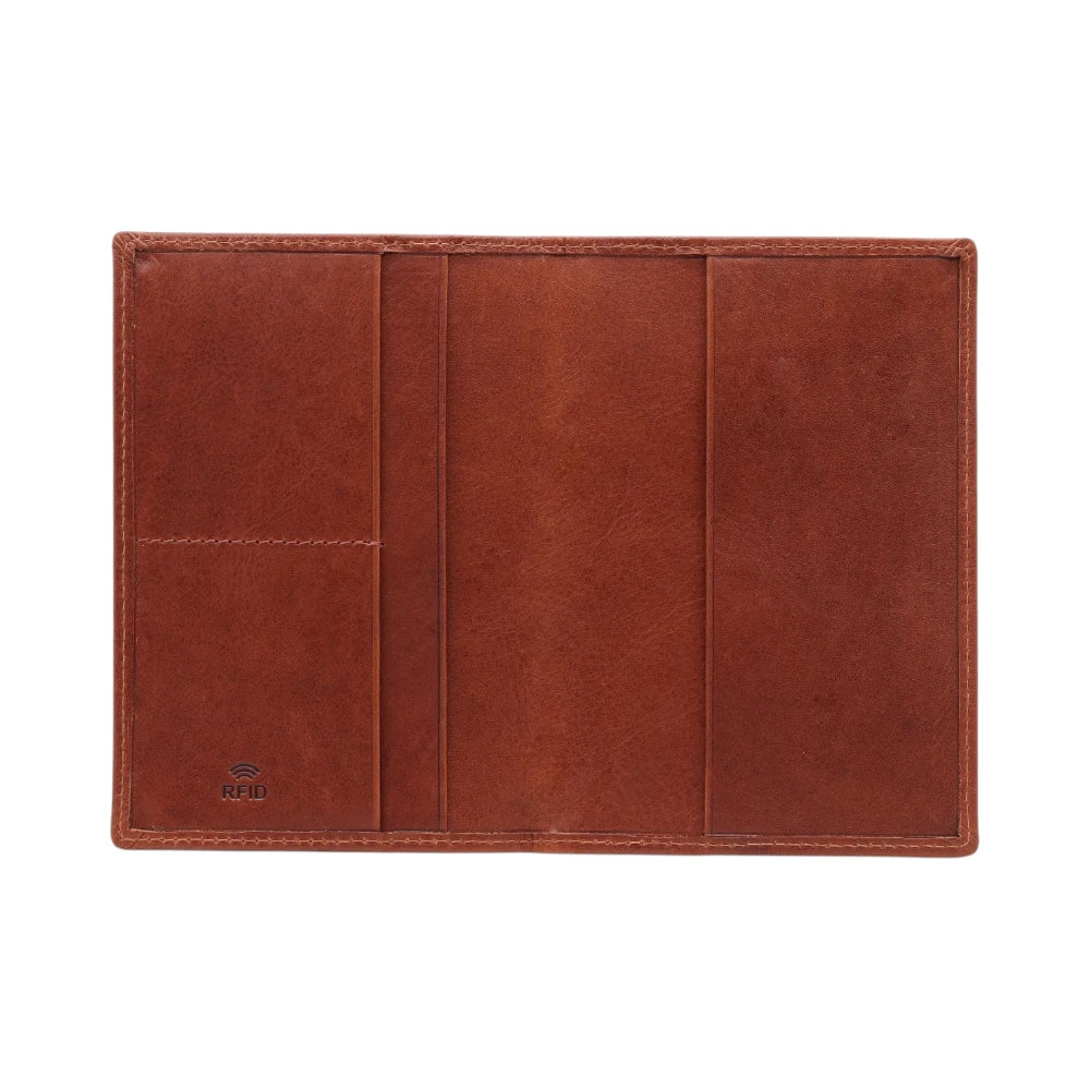 Open view of Chestnut leather passport holder on a white background