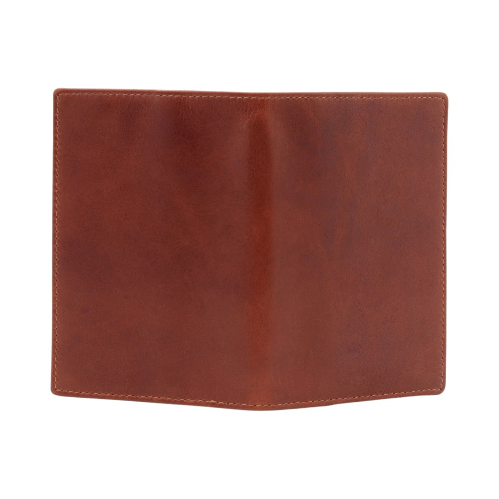 Back open view of Chestnut leather passport holder on a white background