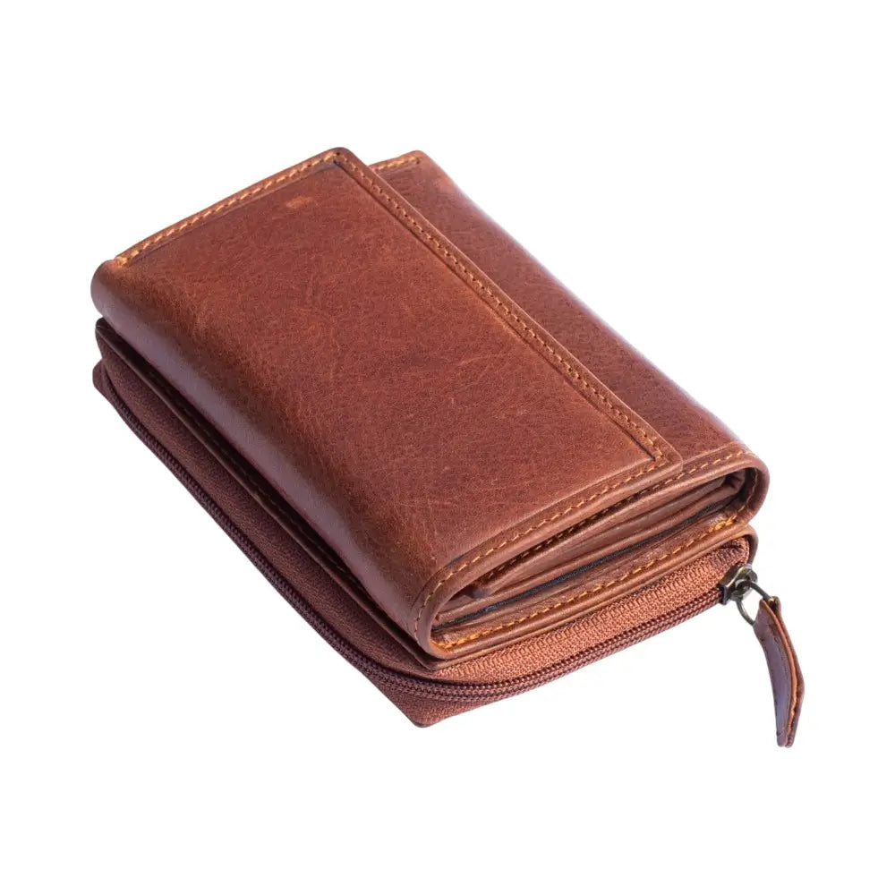 Chestnut leather wallet with a zipper on a white background