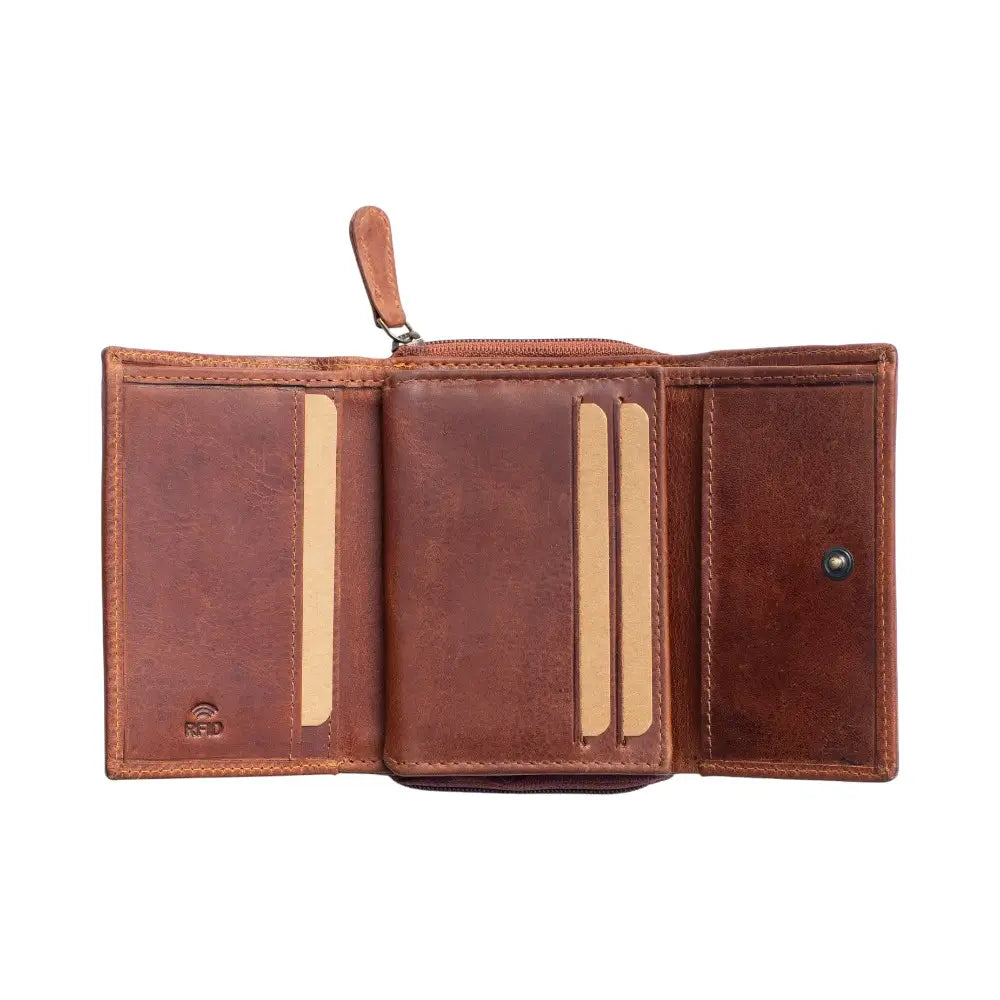 Chestnut leather wallet with multiple card slots on a white background