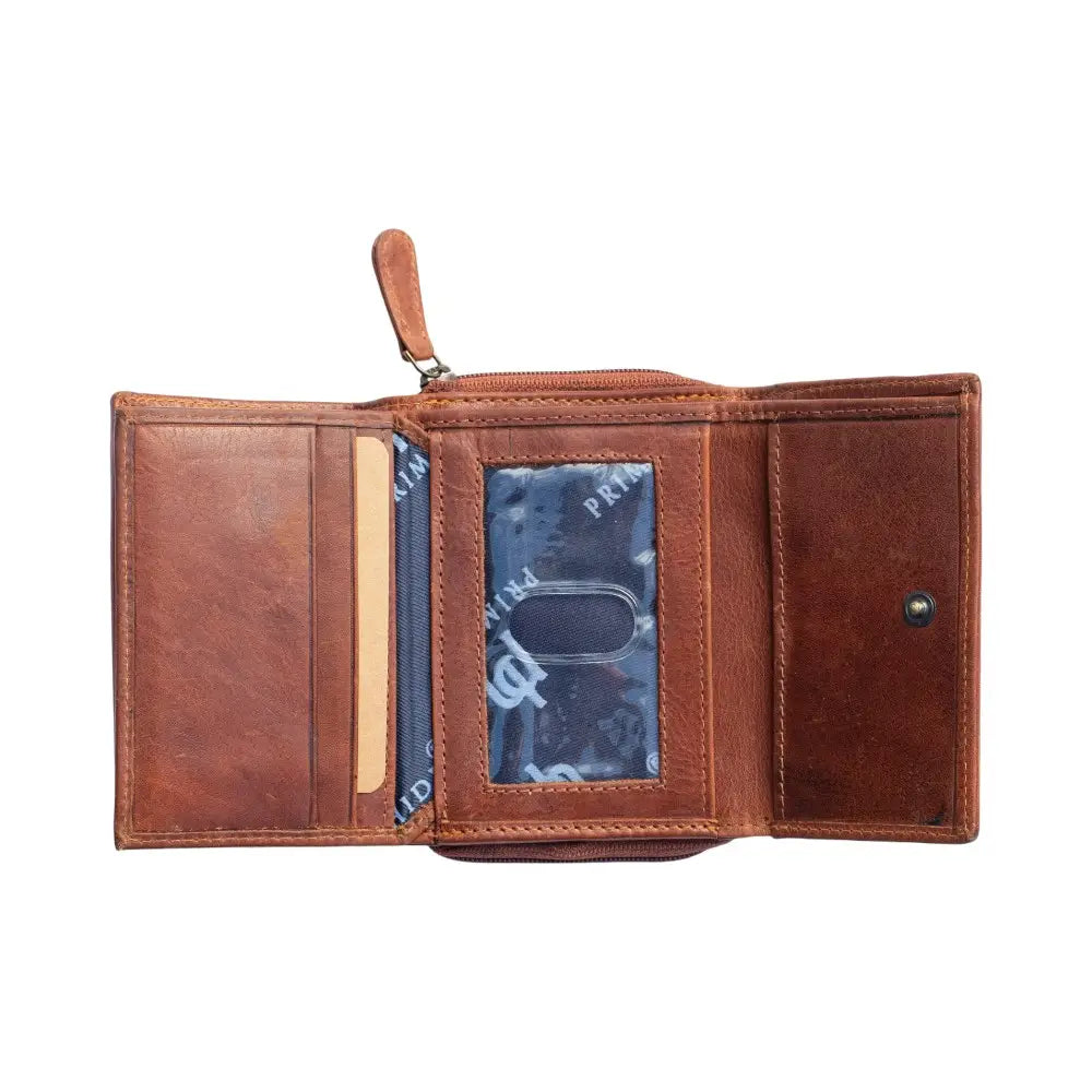 Chestnut leather wallet open on a white background