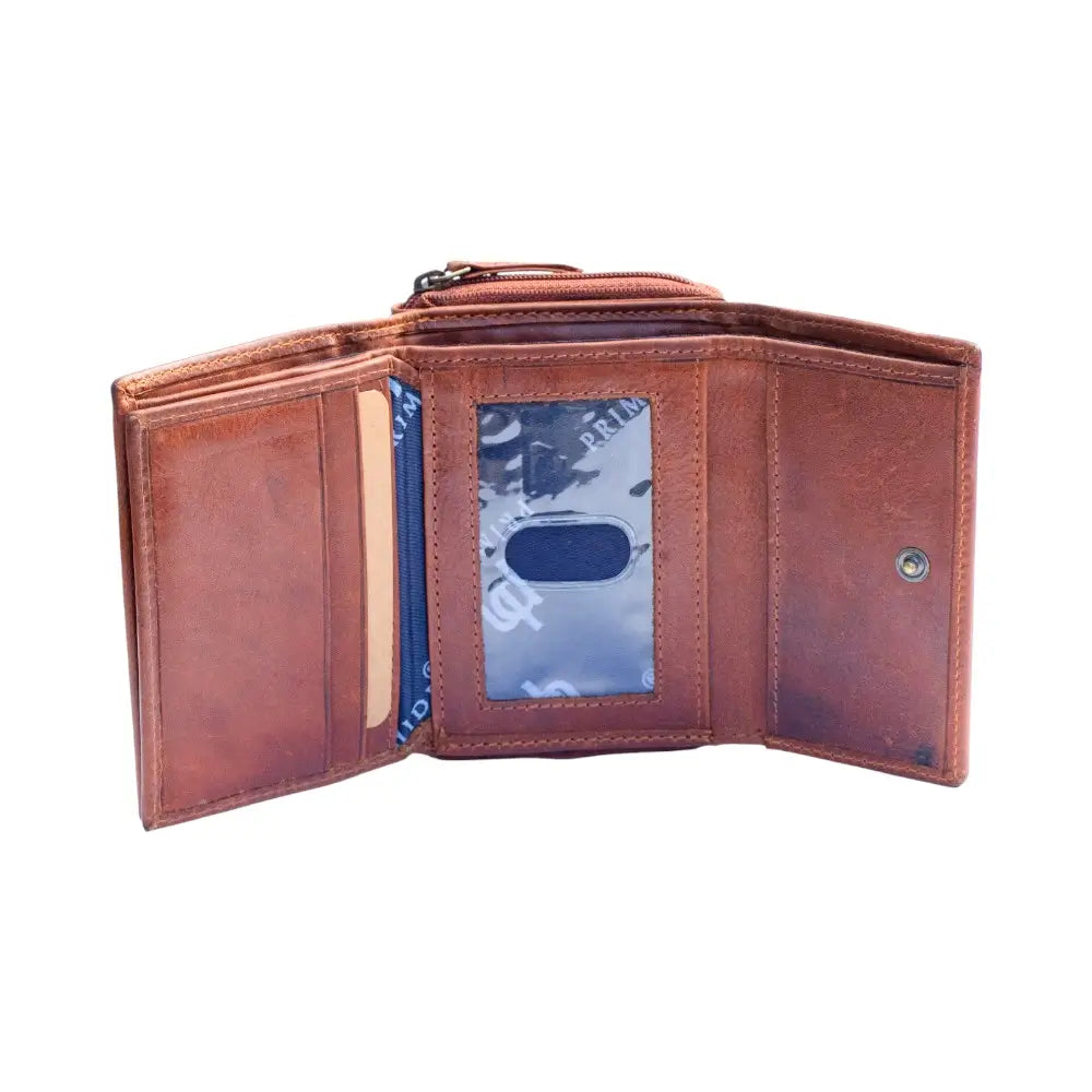 Chestnut leather wallet open on a white background