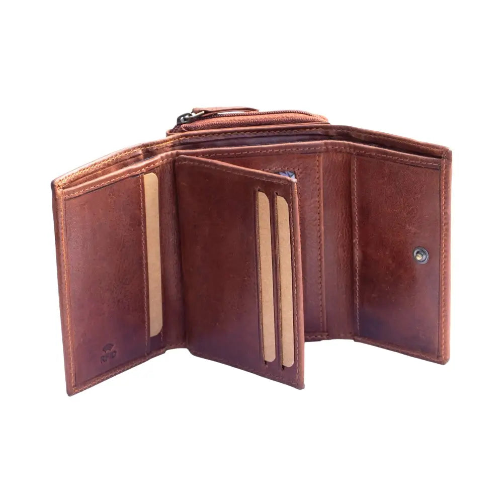 Chestnut leather wallet open on a white background