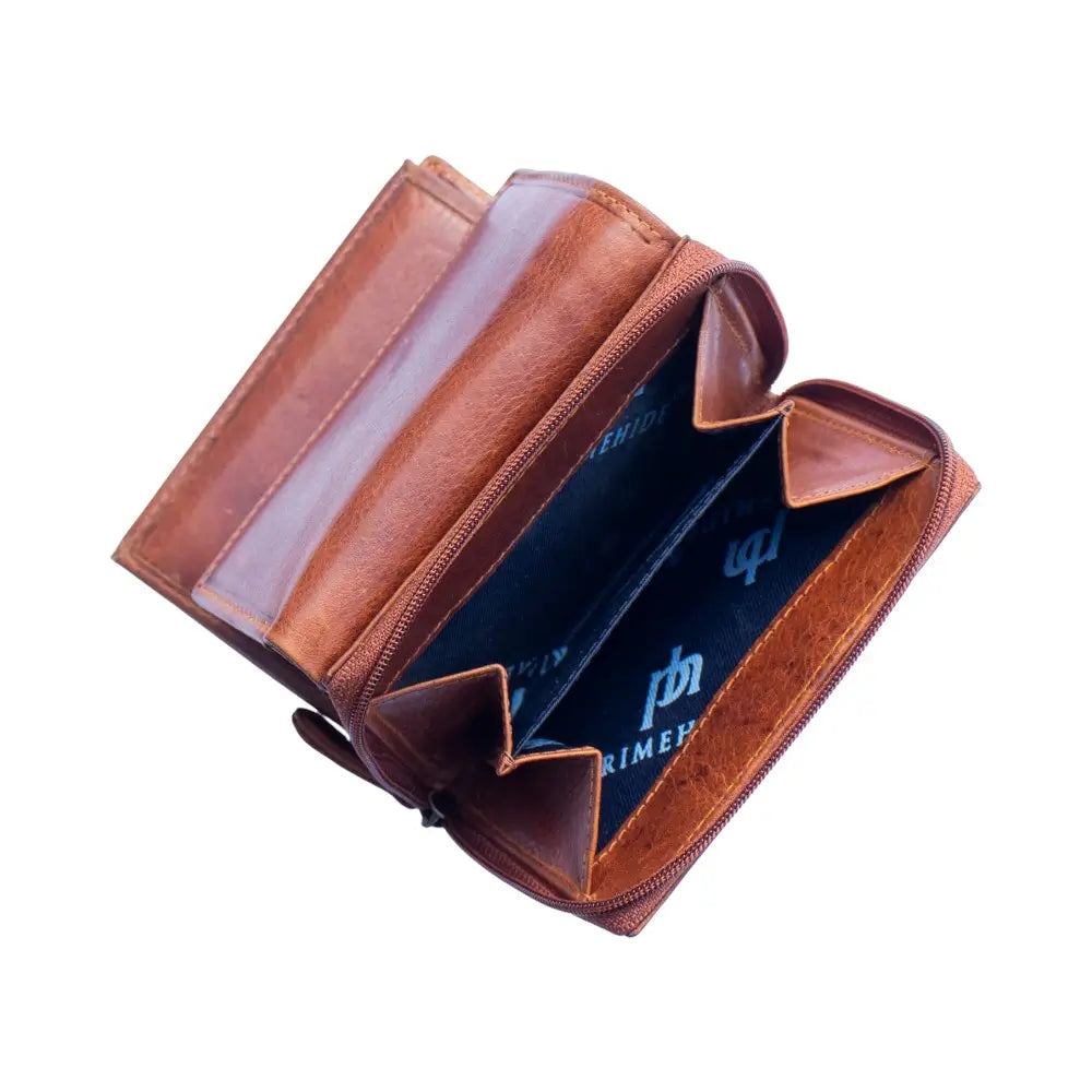Chestnut leather wallet with visible brand logo on a white background