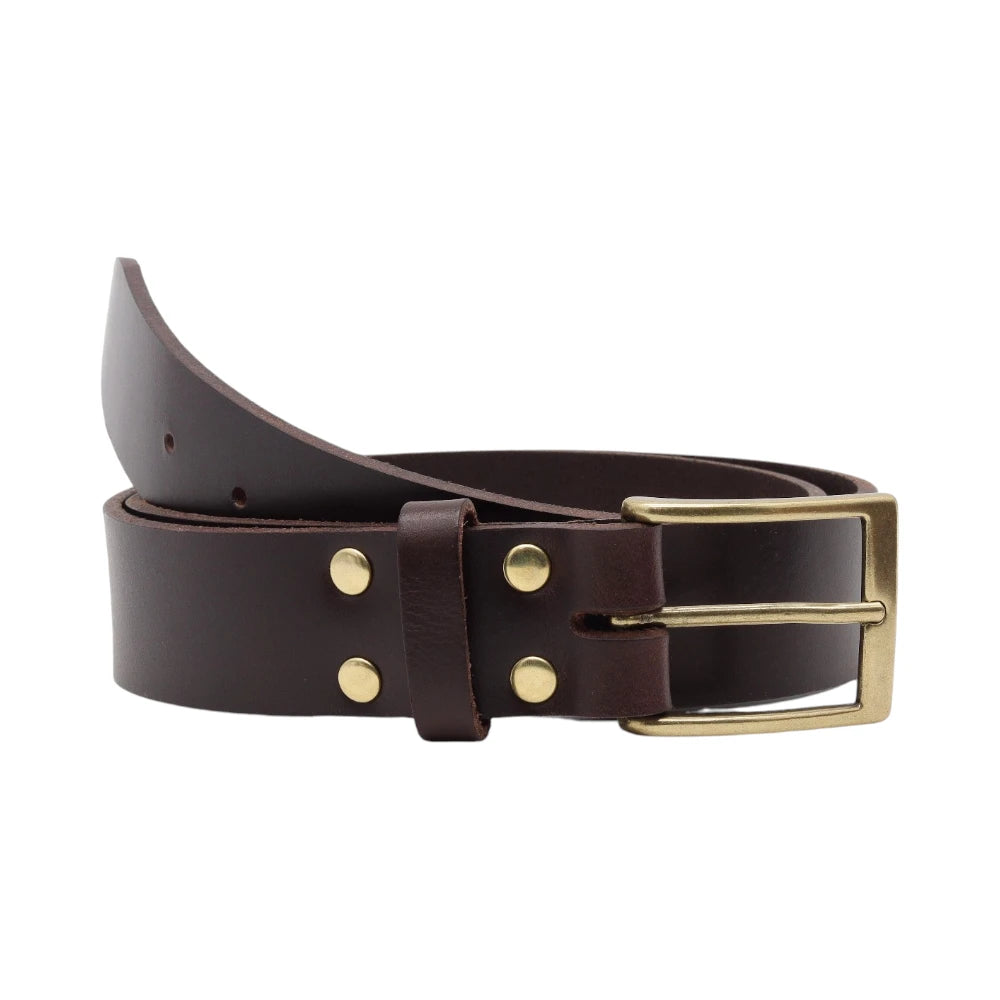 Chocolate leather belt with gold buckle on a white background