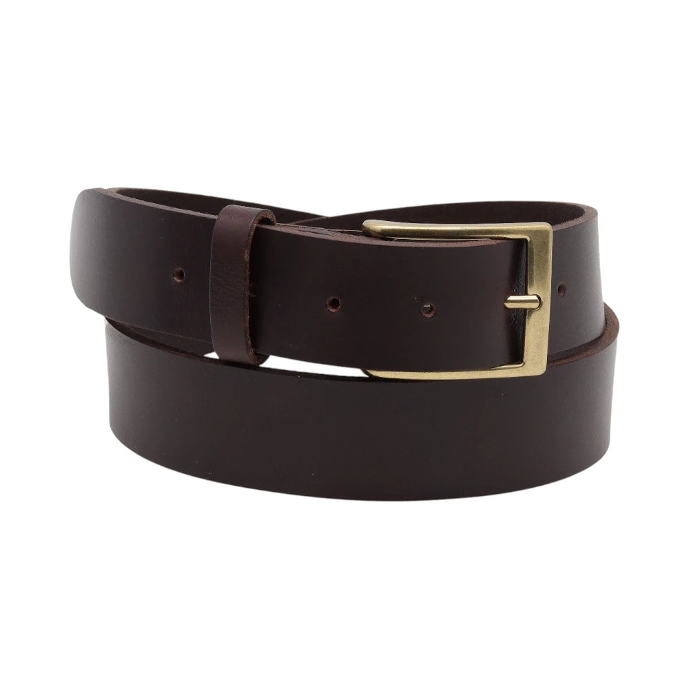 Brown leather belt with a gold buckle on a white background