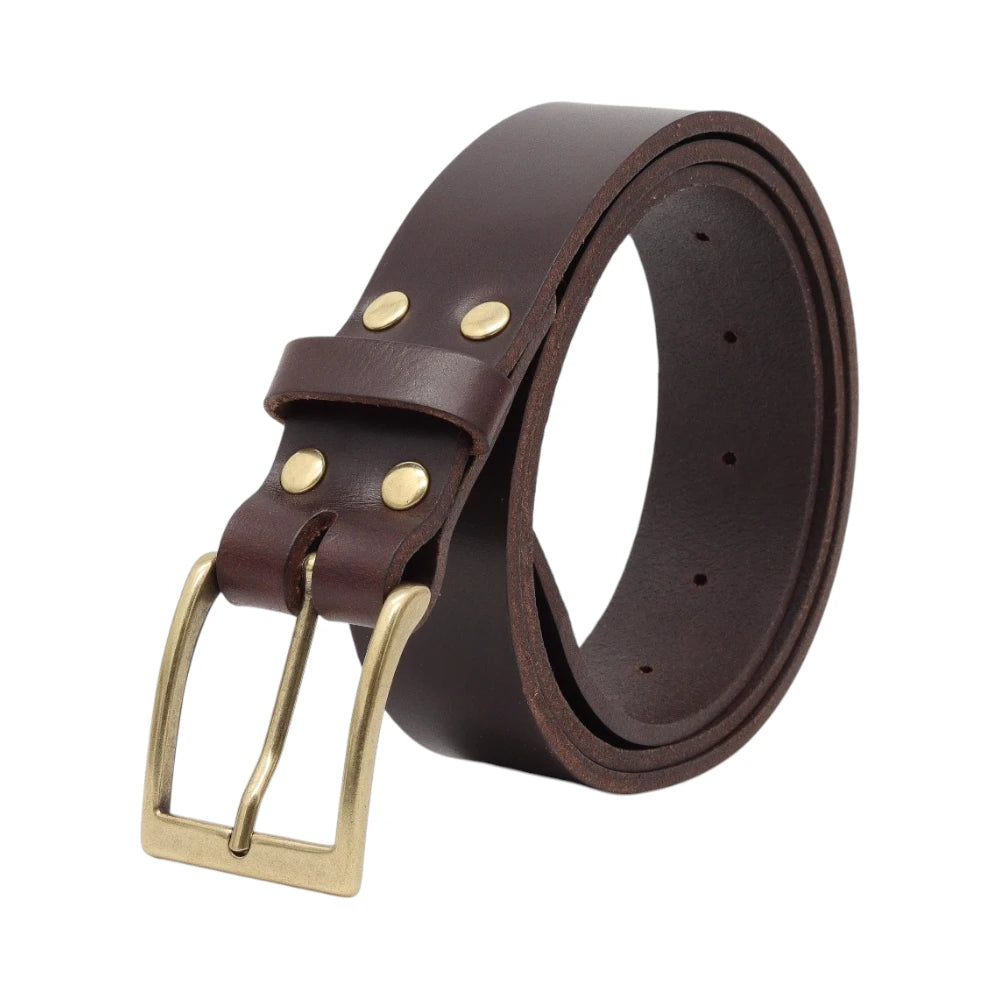 Brown leather belt with gold buckle on a white background
