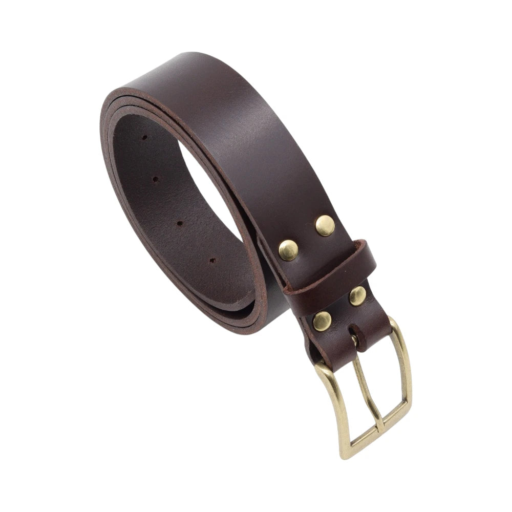 Brown leather belt with gold buckle on a white background