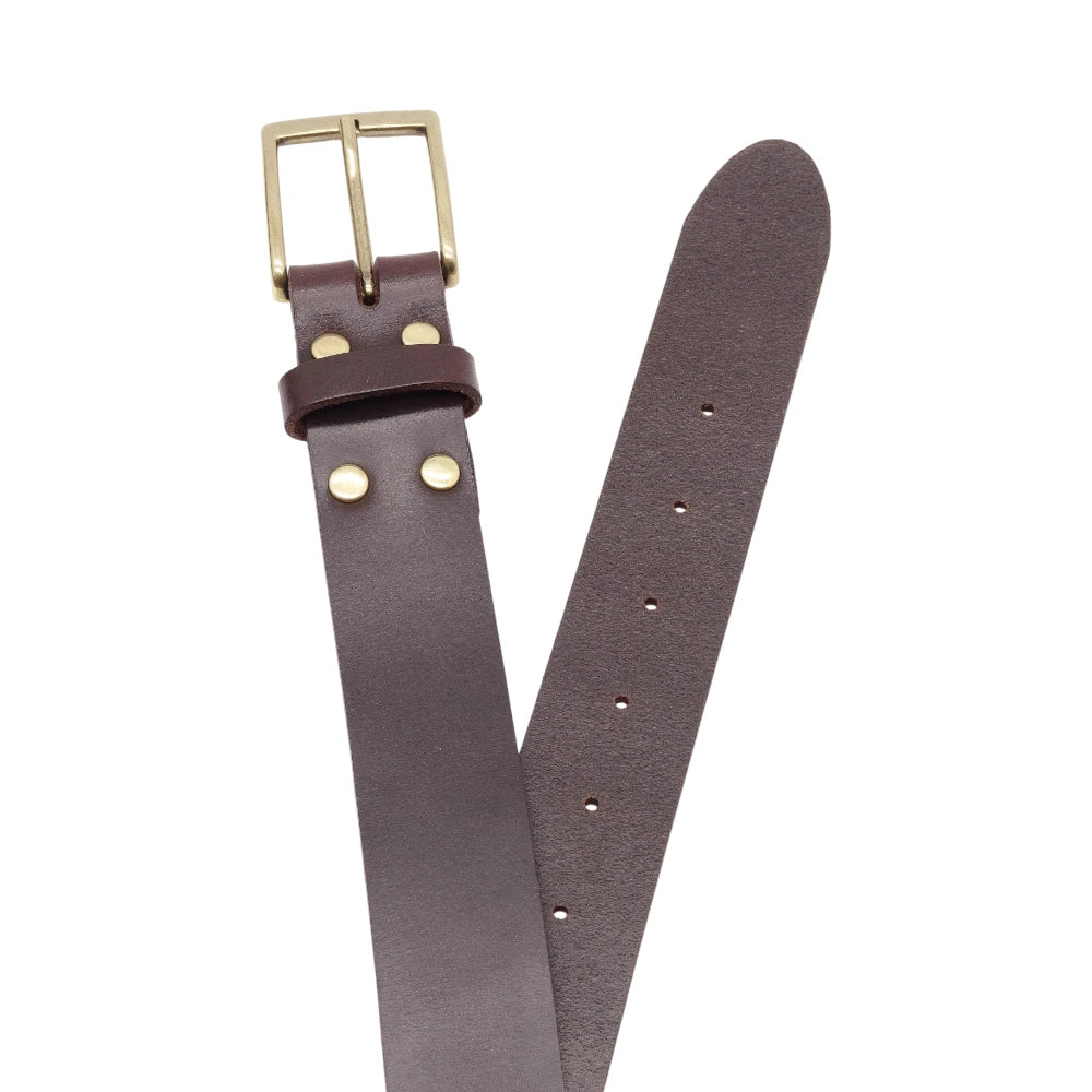 Top angle view of Chocolate leather belt with brass buckle on a white background