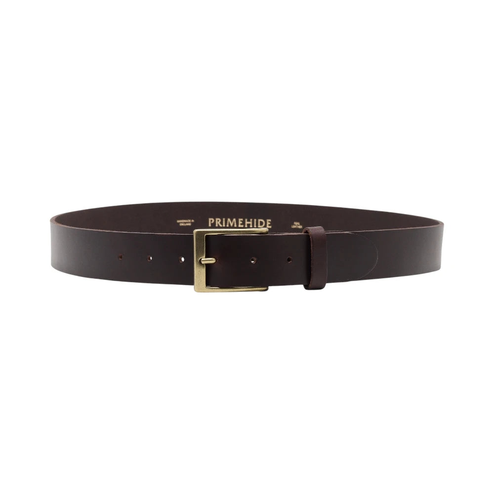 Chocolate leather belt with gold buckle on a white background