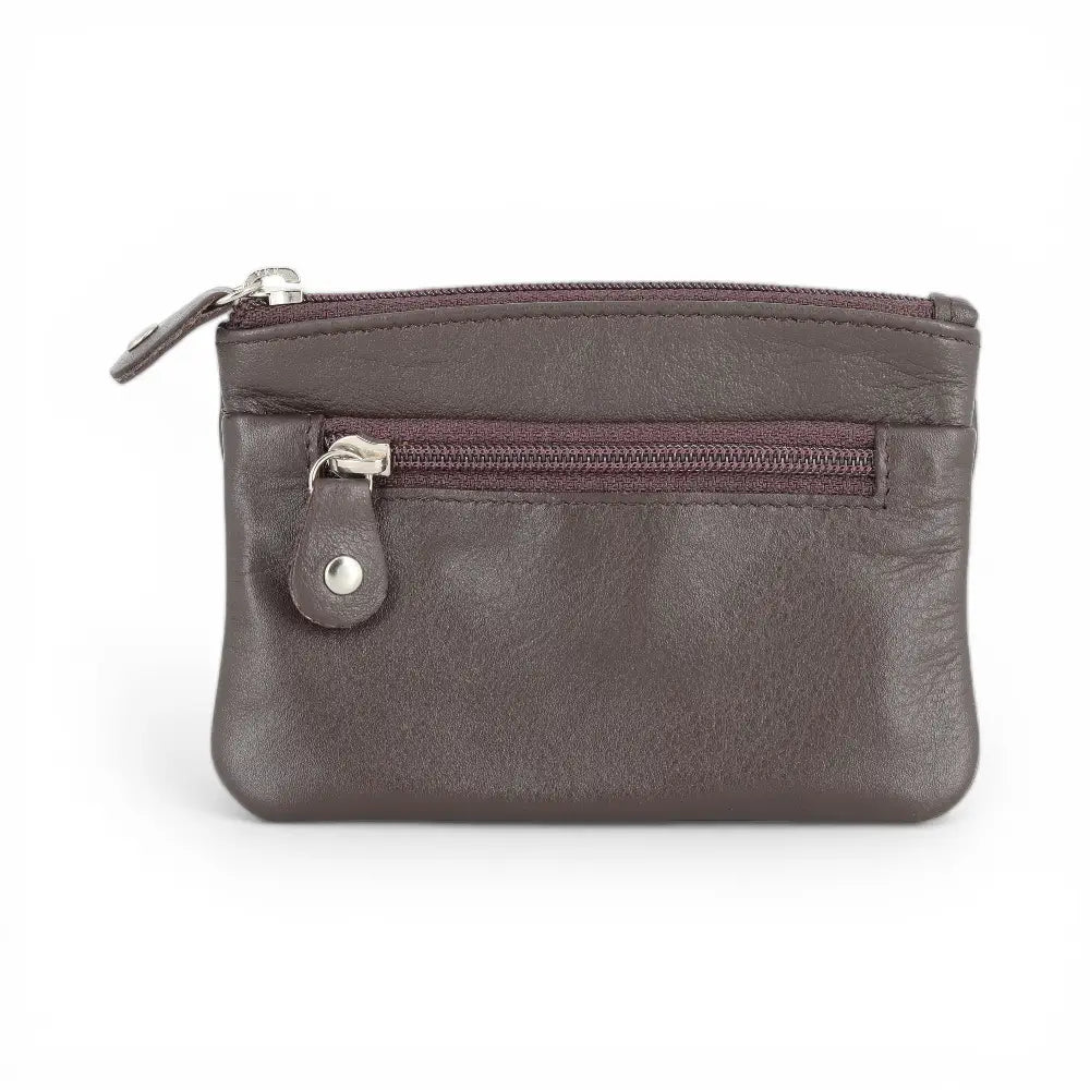 Coffee leather pouch with a zipper on a white background
