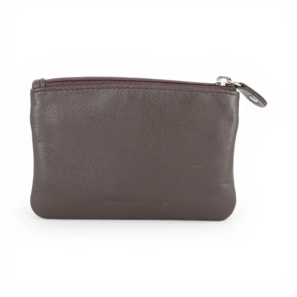 Coffee leather pouch with a zipper on a white background