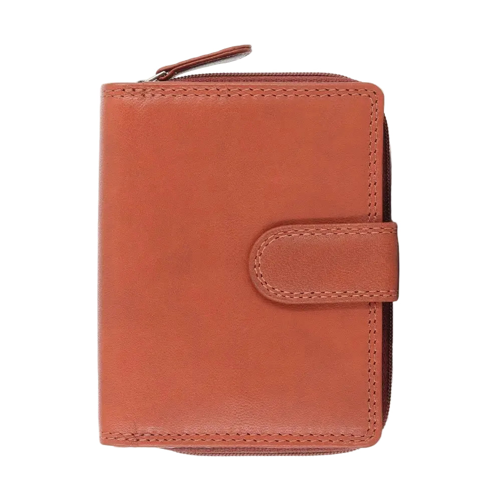 Front view of Cognac  leather wallet with a zipper on a white background