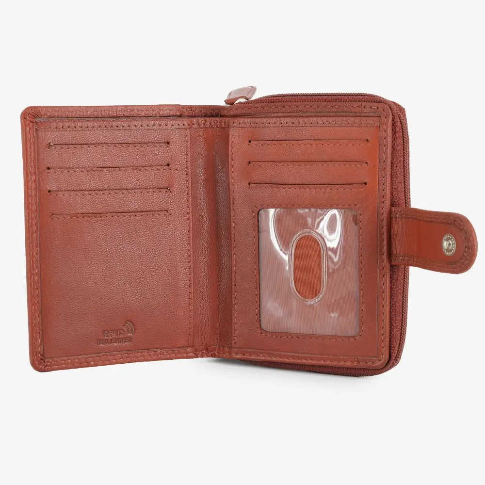 Cognac leather wallet with card slots on a white background