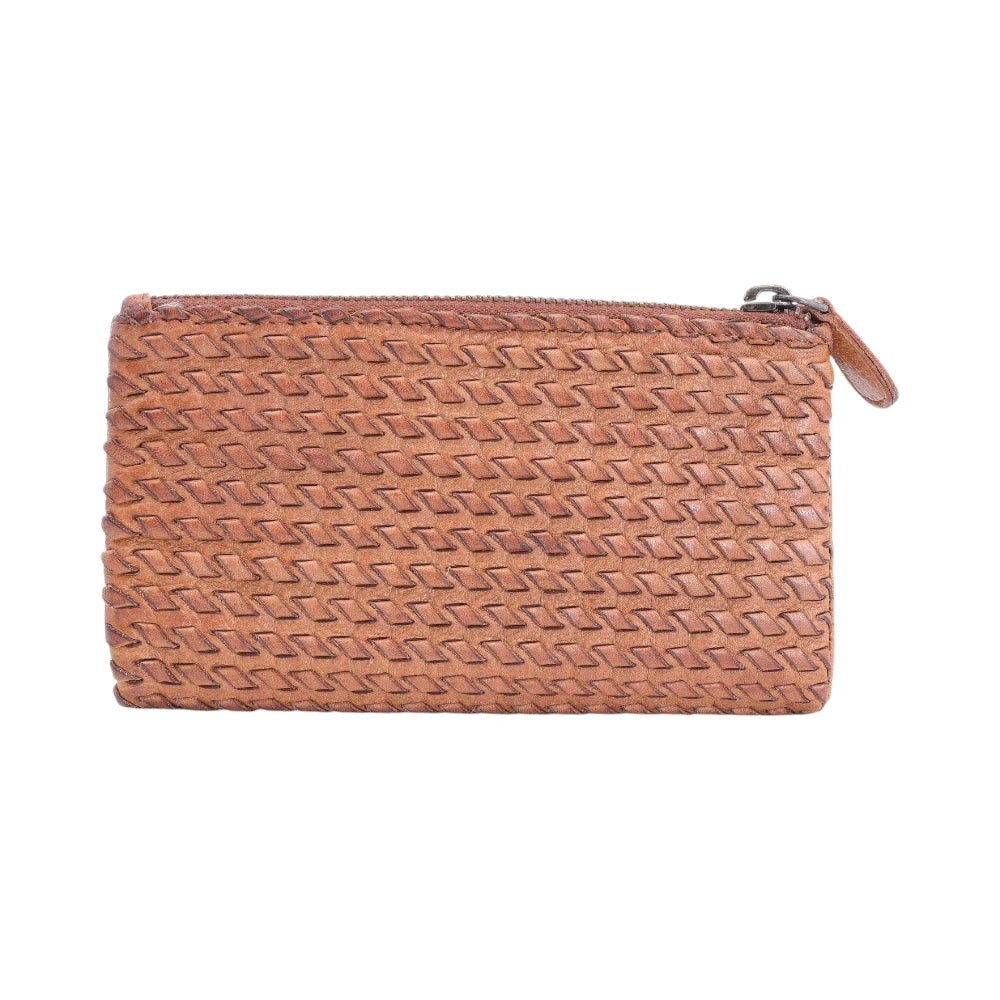 Front view of Cognac leather purse on a white background