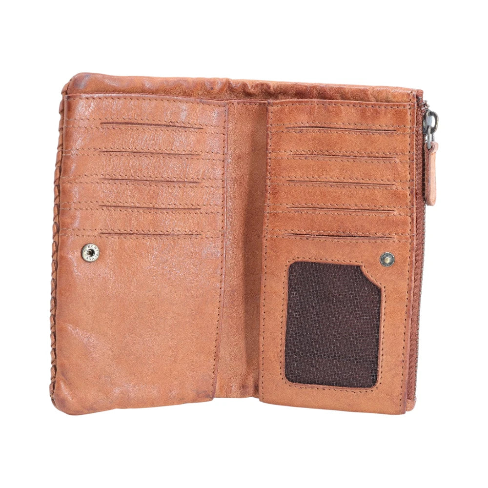 Cognac leather purse with multiple card slots and a zipper on a white background