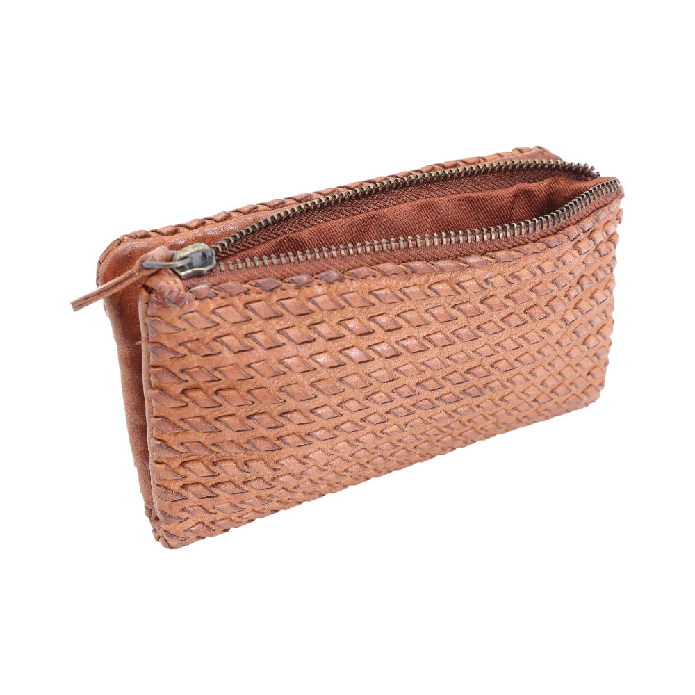 Cognac leather purse with a zipper on a white background