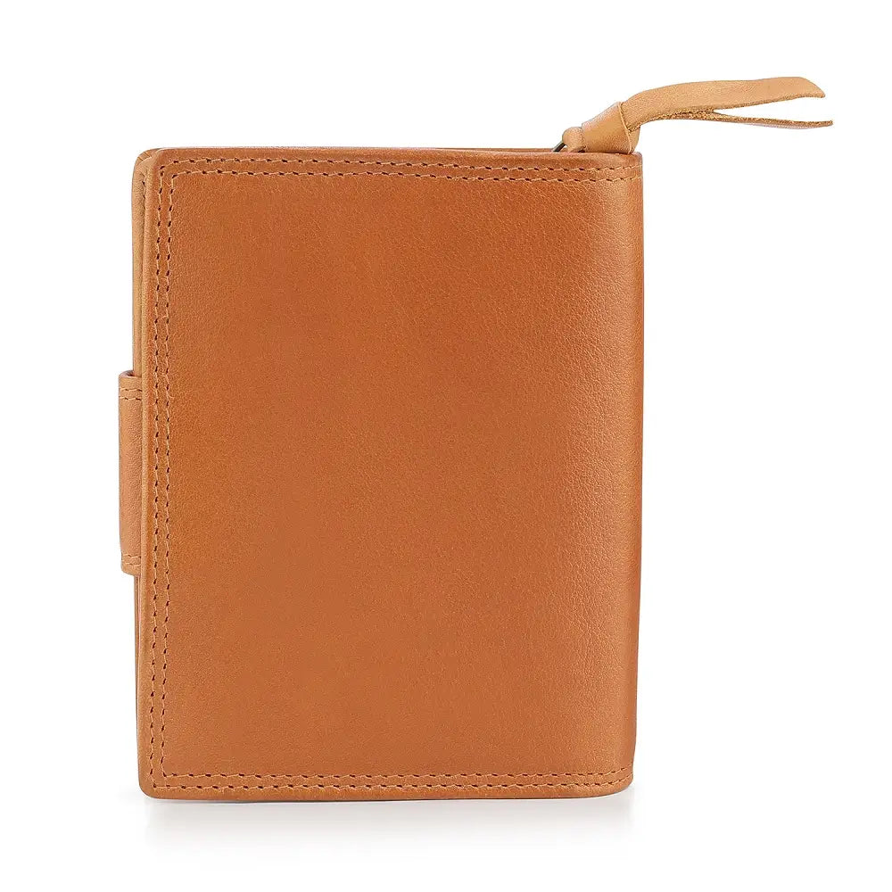 Back view of cognac leather wallet on a white background