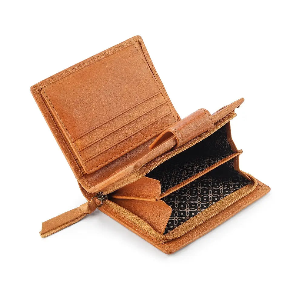 Open cognac leather wallet with a white background