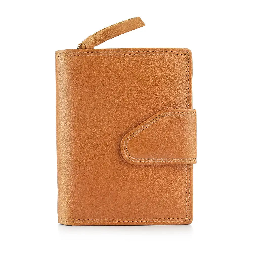 Front view of cognac leather wallet on a white background