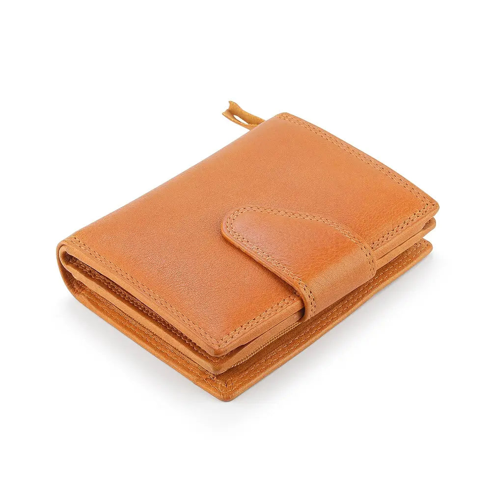 Top view of cognac  leather wallet on a white background