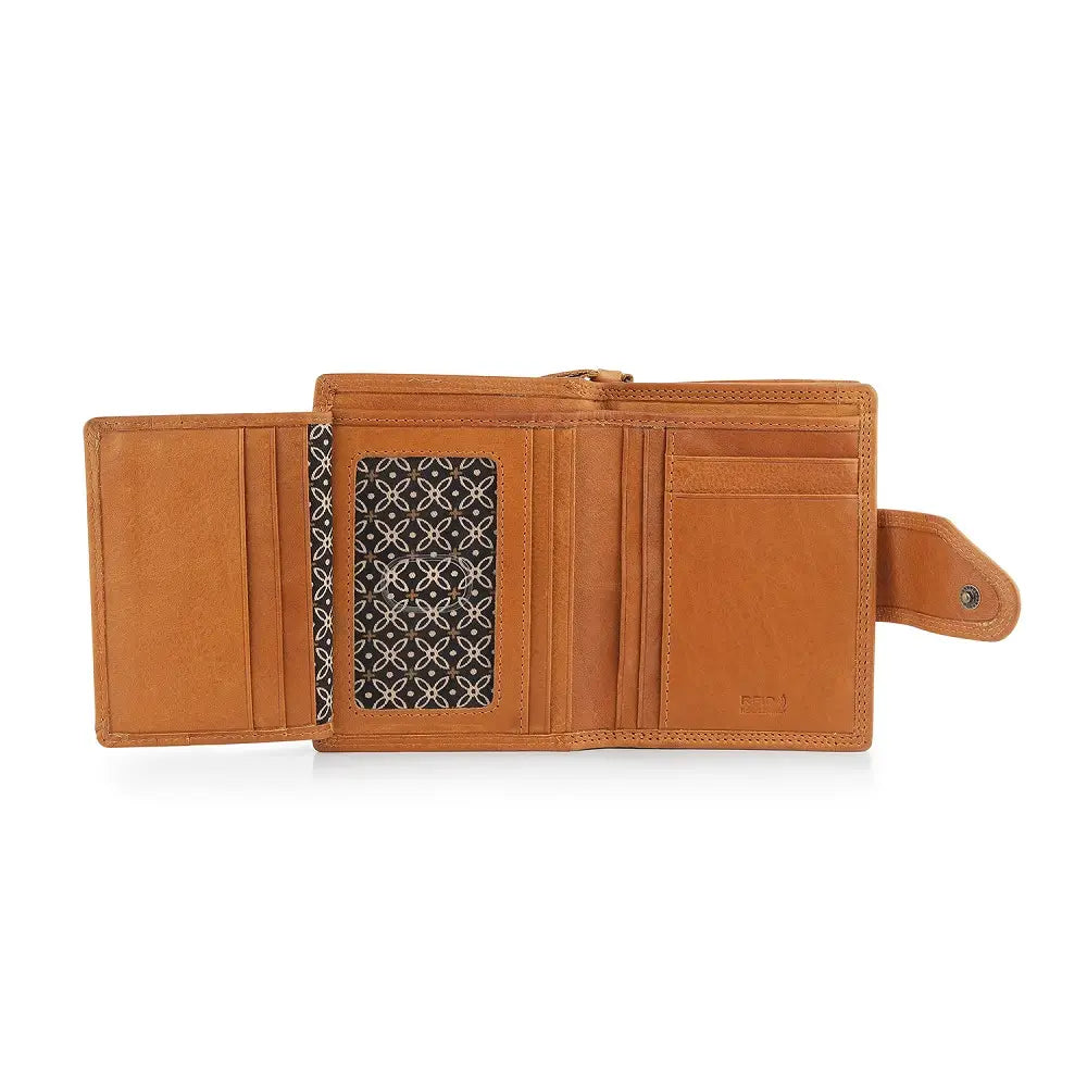 Open view of cognac leather wallet with card slots on a white background