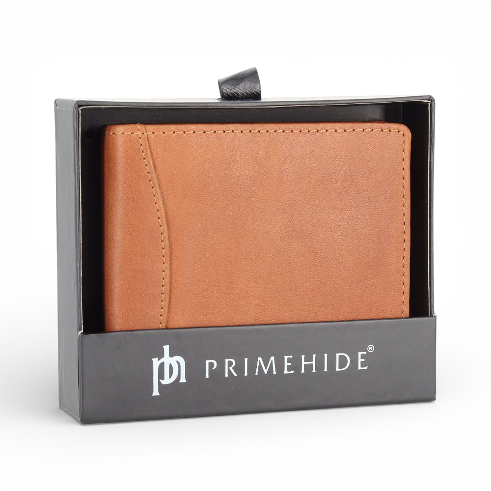Cognac leather wallet in Primehide packaging on a white background