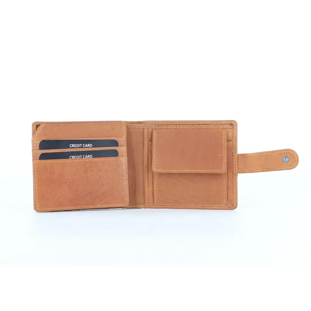 Cognac leather wallet with card slots on a white background