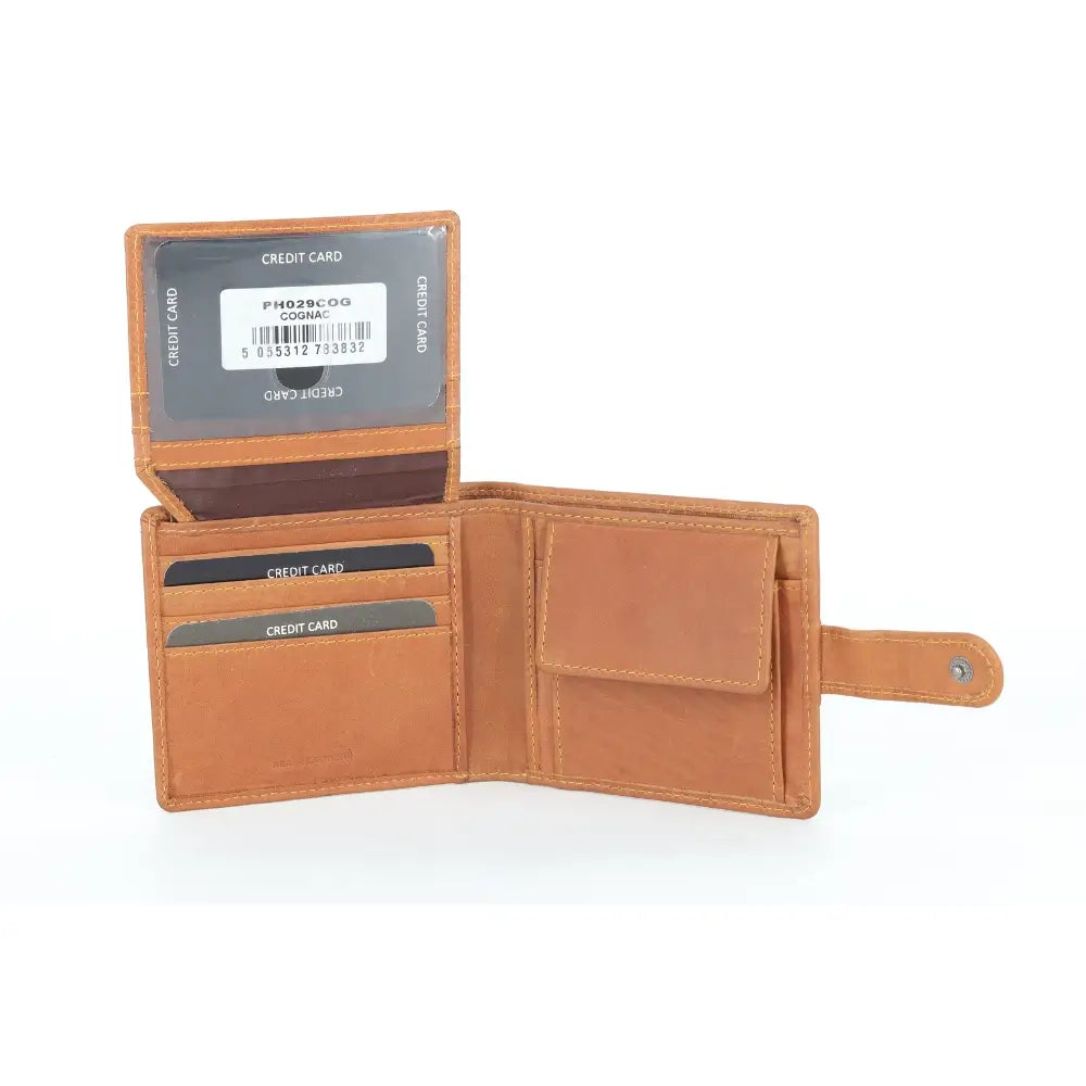 Open Cognac leather wallet with card slots on a white background